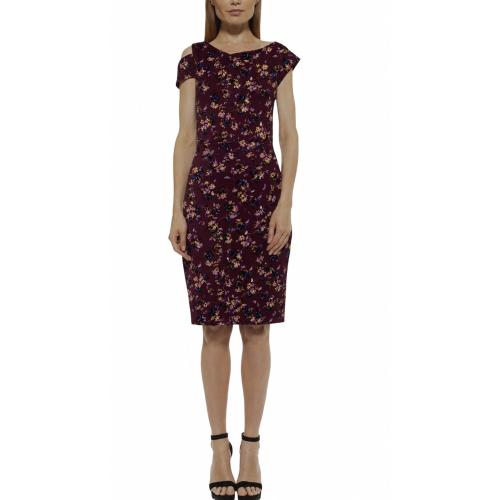 Alexia Admor Floral Sheath Dress Robyn XL Burgundy Cold Shoulder Asymmetrical